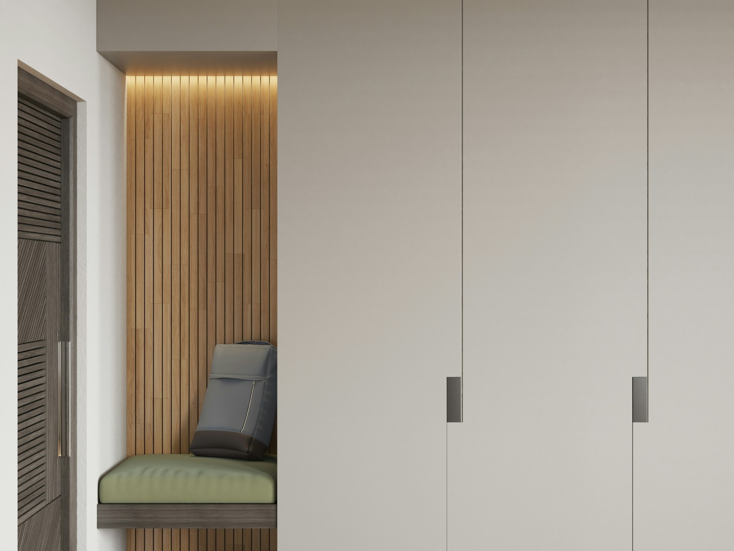 Floor-to-ceiling modular wardrobe with handleless shutters and a built-in seat