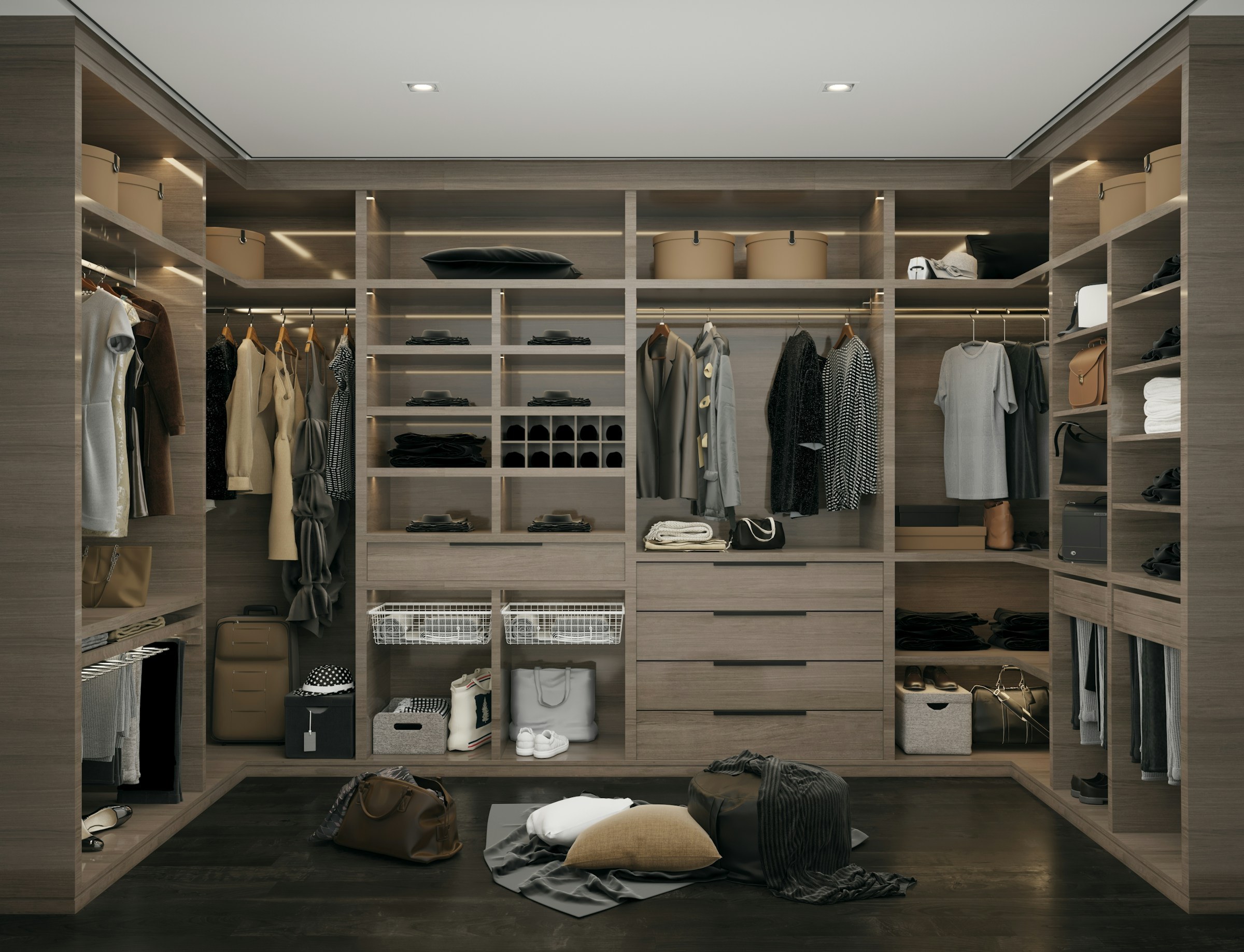 Walk-in modular wardrobe with wood-finish shelves, drawers and hanging sections